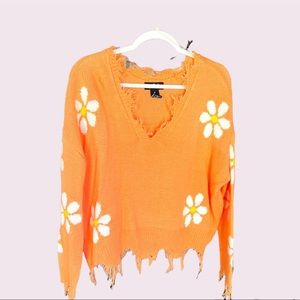 Just Polly New York V-Neck daisy-print sweater size M Orange with white daisies